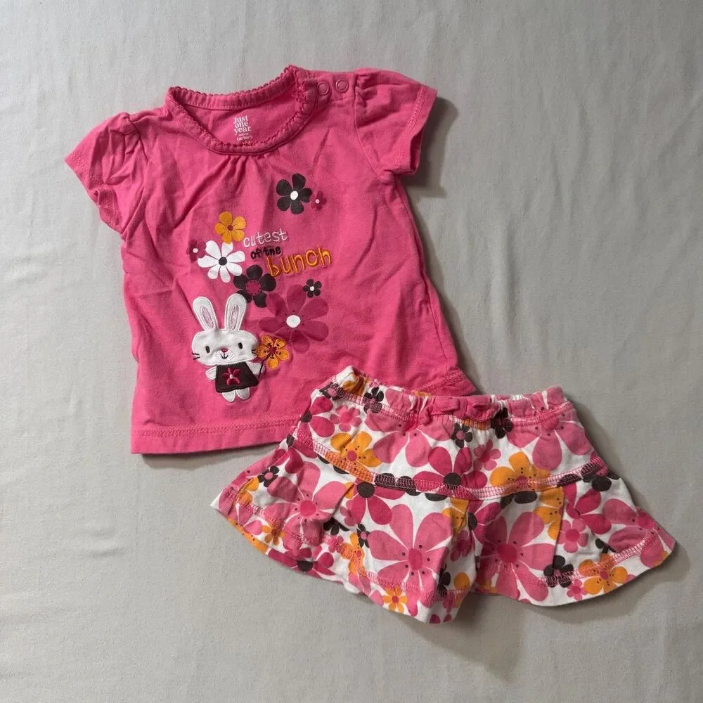 Outfit Set Baby Girl 3 Mos 2 Piece Bunny Rabbit Top Pink Floral Skirt Bloomers